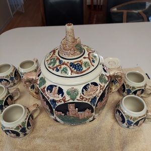 Antique Authentic German Beer Tureen with 9 Goblets